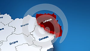 Stylish 3D map of Ukraine with Luhansk region at focus highlighted in red