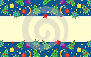 Stylish abstract Christmas background with horizontal inserts with a pattern of trees, colorful balls and openwork snowflakes.