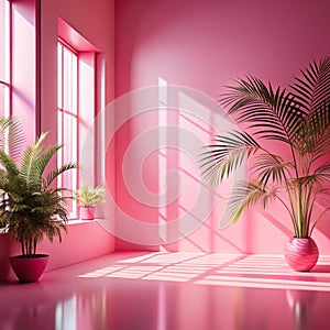 Abstract pink gradient studio background for product presentation. The room is empty with window shadows, flowers and palm leaves photo