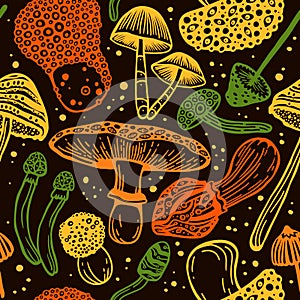 Stylish amazing sticker of colored fly agarics on a dark background. Beautiful seamless vector pattern of psilocybin mushrooms