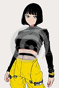 Stylish anime girl in yellow jumpsuit