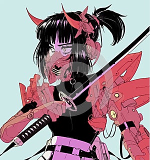Stylish anime warrior girl with a katana and a mask