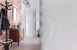 Stylish apartment hall clothes hanger, cupboard and brick wall, real photo photo