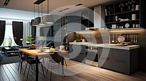 Stylish apartment interior with modern kitchen. Idea for home design