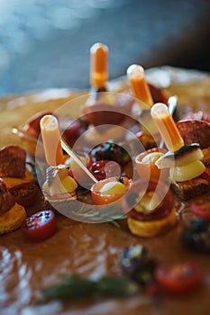 Stylish appetizers of fish and meat, canap and sun-dried tomatoes prepared for the participants of the holiday.