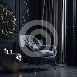 Stylish Armchair On Classic Victorian Pattern Wallpaper Wall, Living Room, Soft Window Light, Side Table with Metal texture