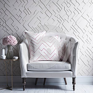 Stylish Armchair On Classic Victorian Pattern Wallpaper Wall, Living Room, Soft Window Light, Side Table with Metal texture