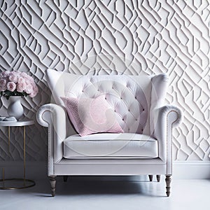 Stylish Armchair On Classic Victorian Pattern Wallpaper Wall, Living Room, Soft Window Light, Side Table with Metal texture