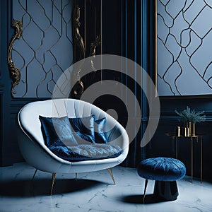 Stylish Armchair On Classic Victorian Pattern Wallpaper Wall, Living Room, Soft Window Light, Side Table with Metal texture
