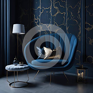 Stylish Armchair On Classic Victorian Pattern Wallpaper Wall, Living Room, Soft Window Light, Side Table with Metal texture