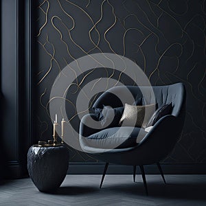 Stylish Armchair On Classic Victorian Pattern Wallpaper Wall, Living Room, Soft Window Light, Side Table with Metal texture