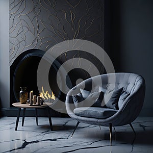 Stylish Armchair On Classic Victorian Pattern Wallpaper Wall, Living Room, Soft Window Light, Side Table with Metal texture