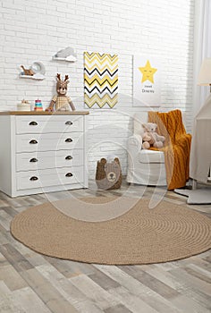Stylish baby`s room with modern furniture. Interior design