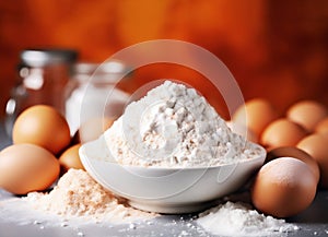 Stylish baking setup with ingredients on vivid red background