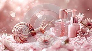 snail mucin skincare, stylish banner showcasing snail mucin skin products for a radiant natural glow, perfect for photo