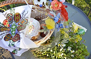 Stylish basket with painted eggs, bread with spring flowers and candle, top view.