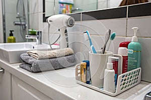 Various props in bathroom background