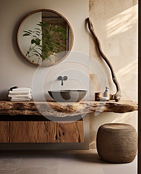 Stylish bathroom with a chic solid wood sink stand in the bathroom. Eco-friendly tropical Bali style