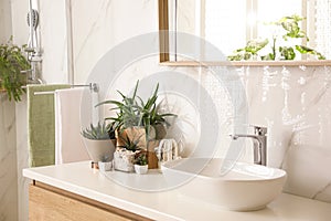 Stylish bathroom interior with countertop, mirror and houseplants