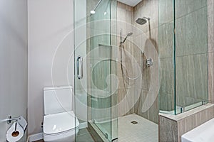 Stylish bathroom interior with glass walk in shower