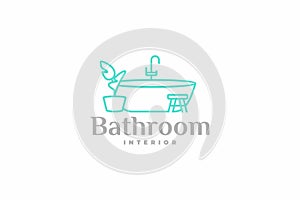 Stylish bathroom interior in modern eco-friendly style with bathtub logo design. Bathroom interior with stool, houseplant design