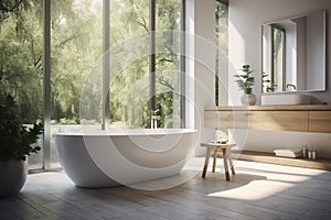 Stylish bathroom interior in modern style with a bathtub and a large window overlooking a beautiful green garden. Generative AI