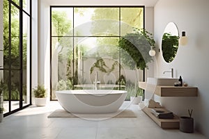 Stylish bathroom interior in modern style with a bathtub and a large window overlooking a beautiful green garden. Generative AI