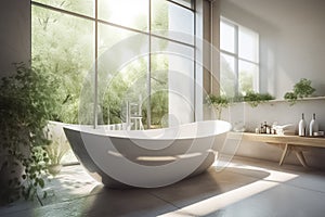 Stylish bathroom interior in modern style with a bathtub and a large window overlooking a beautiful green garden. Generative AI