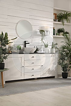 Stylish bathroom interior with vessel sink and beautiful plants