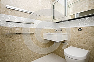 Stylish bathroom with rectangle wash basin and mosaic tiled wall