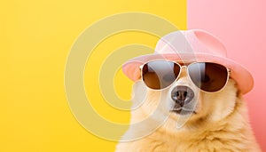 Stylish bear in sunglasses and hat on pastel background with copy space for text placement