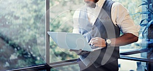 Stylish Bearded Businessman Wearing Glasses White Shirt Waistcoat Working Modern Laptop Holding Hands Near Panoramic