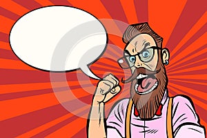 Stylish bearded hipster with glasses rage anger