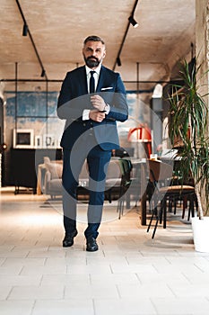 Stylish bearded man in a suit standing in modern office