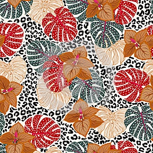 Stylish beautiful tropical forest print on leopard background seamless pattern vector EPS10,Design for fashion , fabric, textile,