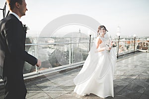 Stylish beautiful wedding couple kissing and hugging on background panoramic view of the old town