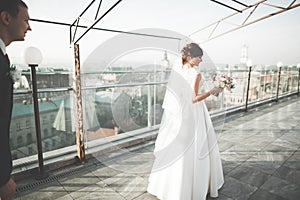 Stylish beautiful wedding couple kissing and hugging on background panoramic view of the old town