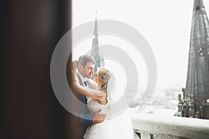 Stylish beautiful wedding couple kissing and hugging on background panoramic view of the old town