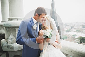 Stylish beautiful wedding couple kissing and hugging on background panoramic view of the old town