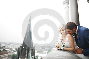 Stylish beautiful wedding couple kissing and hugging on background panoramic view of the old town