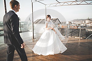 Stylish beautiful wedding couple kissing and hugging on background panoramic view of the old town