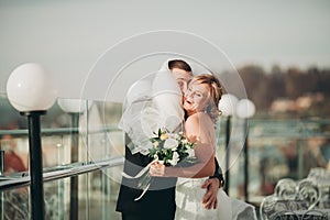 Stylish beautiful wedding couple kissing and hugging on background panoramic view of the old town