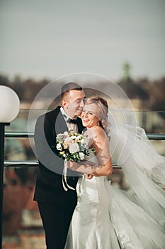 Stylish beautiful wedding couple kissing and hugging on background panoramic view of the old town