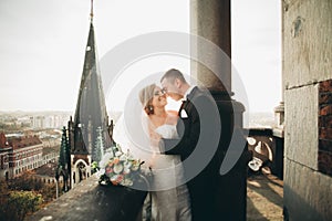 Stylish beautiful wedding couple kissing and hugging on background panoramic view of the old town