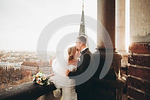 Stylish beautiful wedding couple kissing and hugging on background panoramic view of the old town