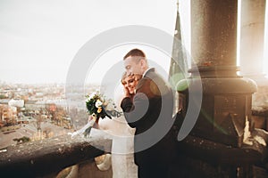 Stylish beautiful wedding couple kissing and hugging on background panoramic view of the old town