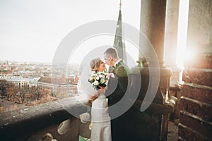 Stylish beautiful wedding couple kissing and hugging on background panoramic view of the old town