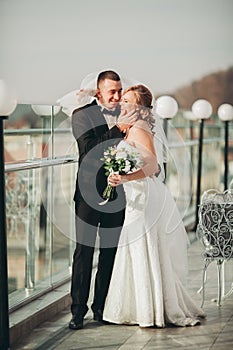 Stylish beautiful wedding couple kissing and hugging on background panoramic view of the old town