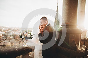 Stylish beautiful wedding couple kissing and hugging on background panoramic view of the old town