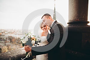 Stylish beautiful wedding couple kissing and hugging on background panoramic view of the old town